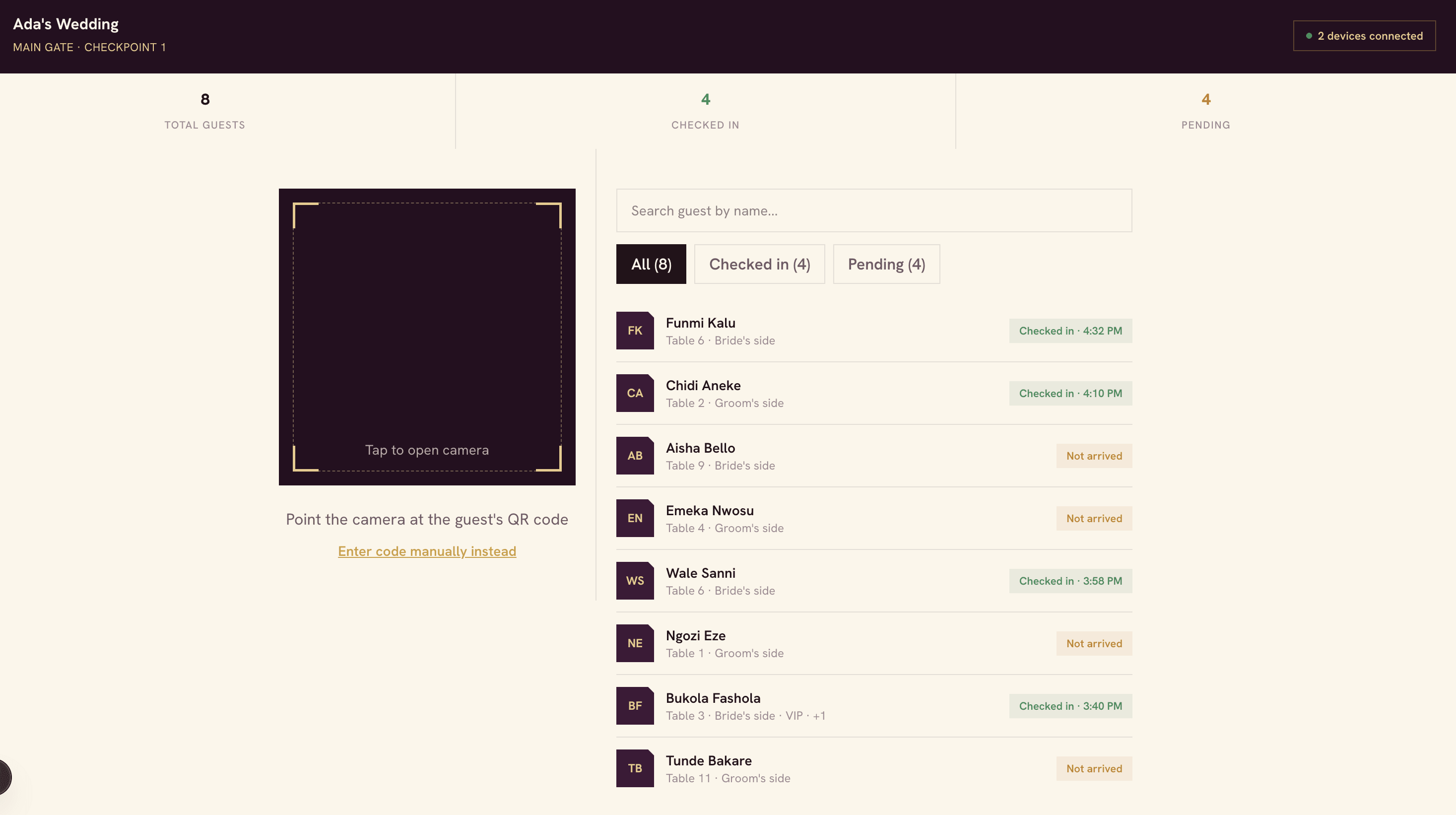 Check-in console in Ceremoni